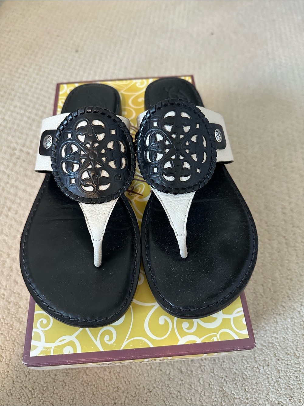 Brighton Alexa Black and White Laser-Cut Thong Sandals